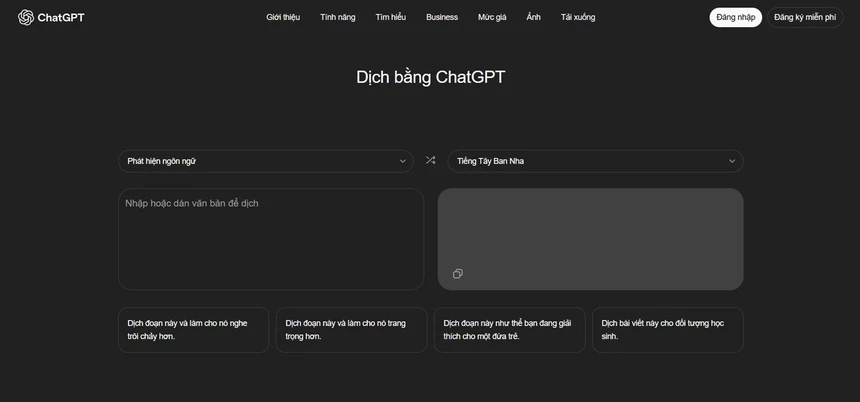 Giao diện của ChatGPT Translate.
